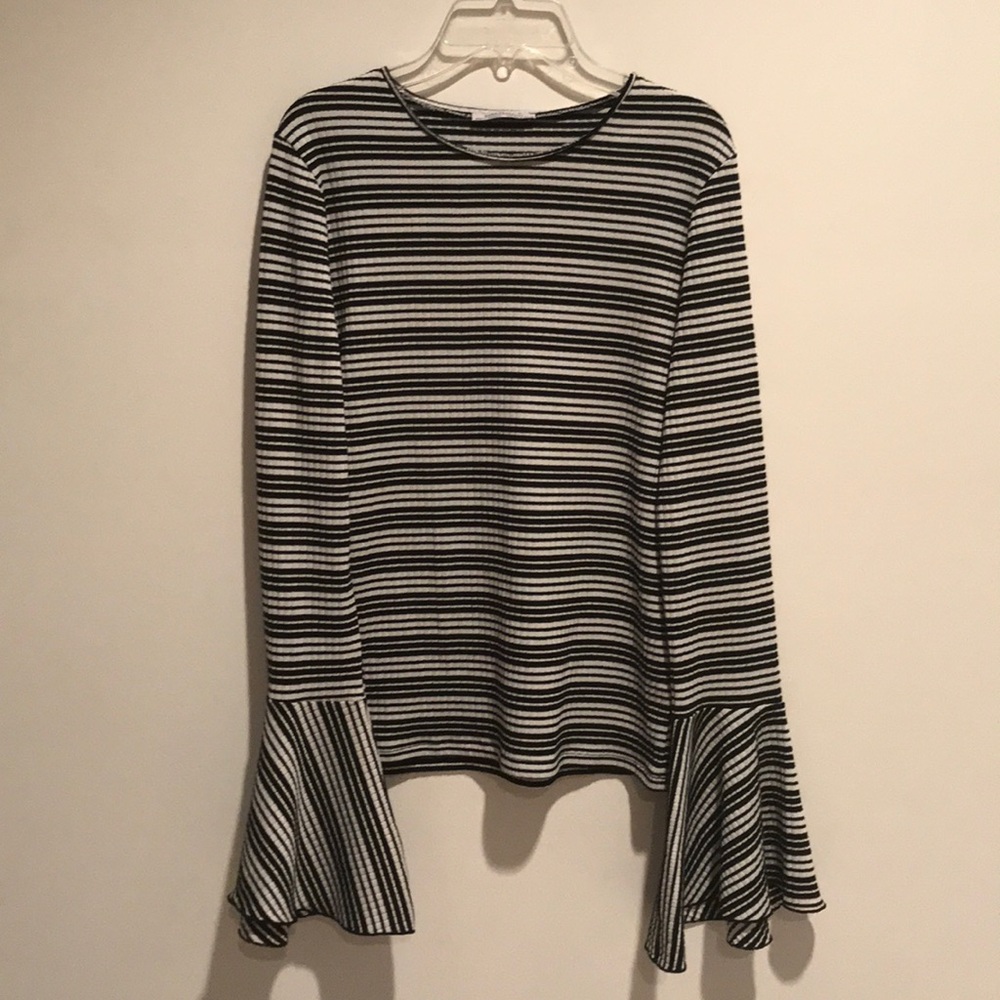 Zara Trafaluc ruffle bell sleeve striped sweater